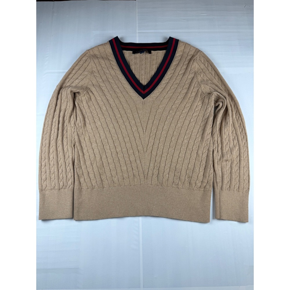 Tommy Hilfiger Womens V-Neck Cable Knit Sweater Tan Camel Striped Trim Size M